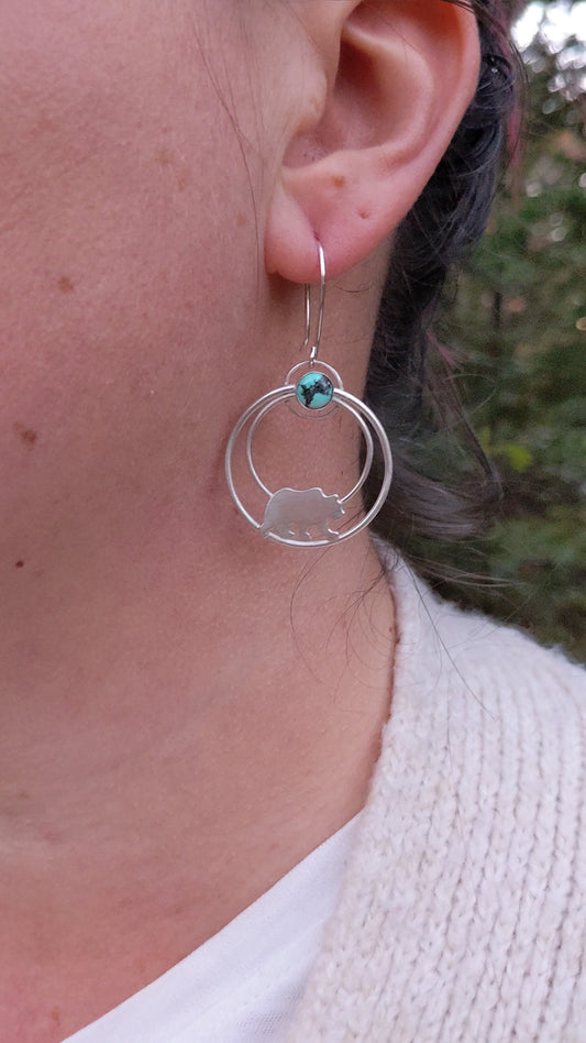 "The Wild" Bear Hoops with Round Natural Tibetan Turquoise Stones