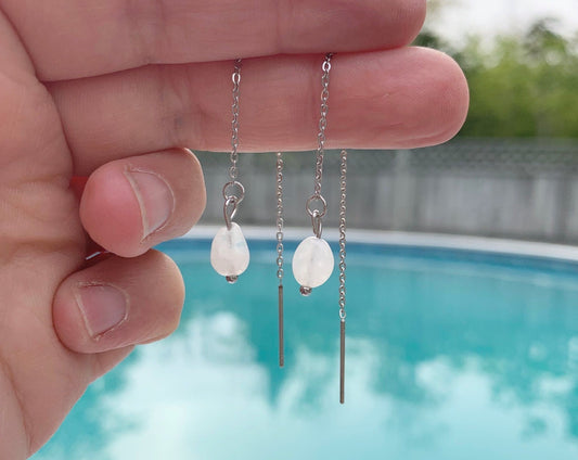 White Moonstone Threader Earrings