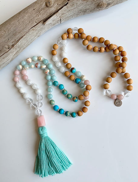 beachy vibe mala beads as a custom piece