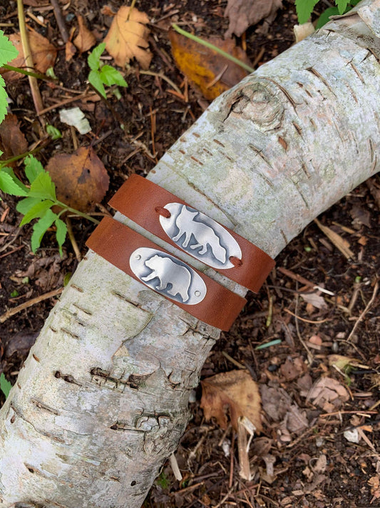 bear and fox leather and sterling silver cuff